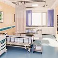 Hospital Ward Interior With Hospital Bed Blue Floor Wooden Walls Purple Curtains And Medical Equipment