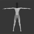 Futuristic Silver Humanoid Character with Black Head and Outstretched Arms Standing Against Dark Background