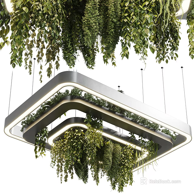 Modern Double Layer Chandelier With Hanging Plants Metal Frame And LED Lights 3d model 
