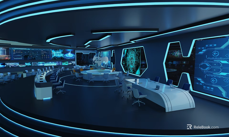 Futuristic Monitoring Room Interior Design With Multiple Displays Blue Lighting And Consoles 3d model 