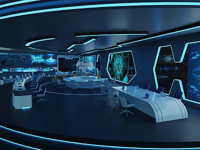 Futuristic Monitoring Room Interior Design With Multiple Displays Blue Lighting And Consoles 3d model