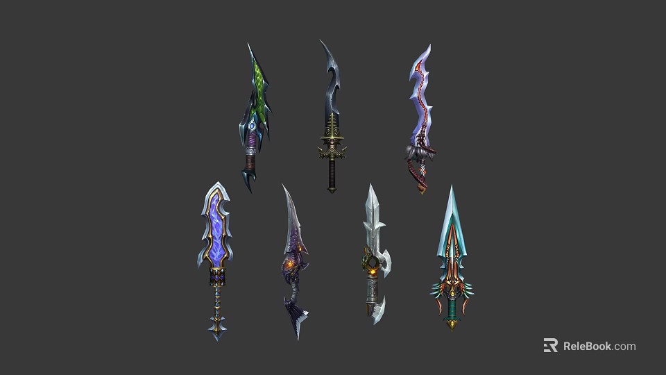 Fantasy Game Weapons Collection With Various Colorful Designs And Decorative Blades 3d model 