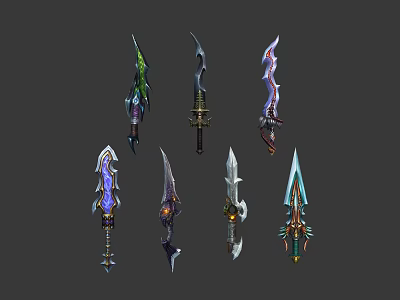 Fantasy Game Weapons Collection With Various Colorful Designs And Decorative Blades 3d model