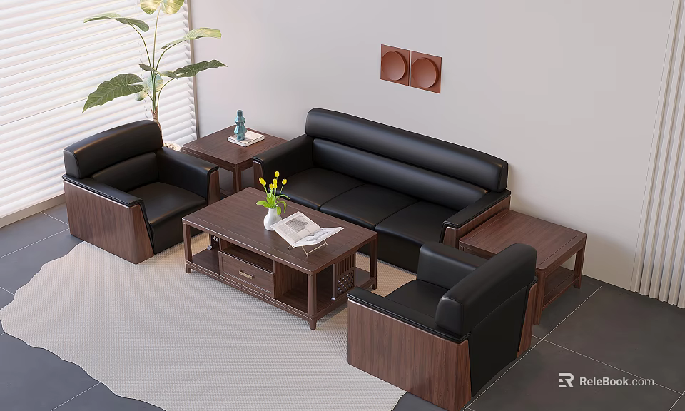 Black Leather Sofa and Wooden Coffee Table Set with Green Plant Magazine and Decor 3d model 