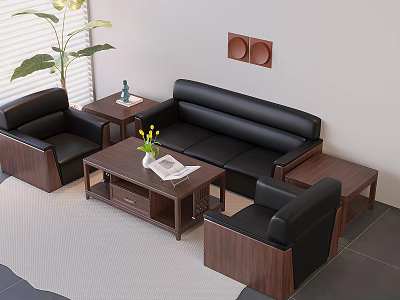 Black Leather Sofa and Wooden Coffee Table Set with Green Plant Magazine and Decor 3d model