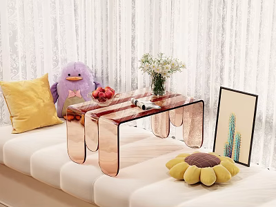 Transparent Copper Acrylic Coffee Table with Flower Vase Fruits Sofa Pillows and White Curtains 3d model