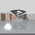 Modern Public Office Space With Cubicles Computers Geometric Ceiling Lights And Decorative Paintings 3d model