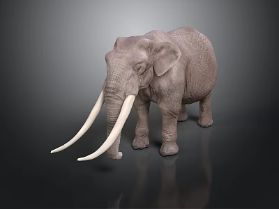 Gray Elephant 3D Model With Long White Tusks Standing On Dark Background 3d model