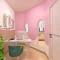Female Employees Carnation Service Station Interior Featuring Pink Design Sofa And Green Plant