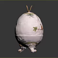 Butterfly and Bird Decorated Ceramic Egg Container with Painted Leaves and Ornate Stand