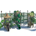 Garden Landscape Children's Play Area With Green Slides Climbing Nets And Mushroom Shaped Tops
