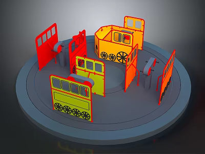 Colorful Cartoon Style Vehicle Shaped Structures On Circular Rotating Platform With Red Yellow Orange 3d model