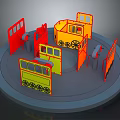 Colorful Cartoon Style Vehicle Shaped Structures On Circular Rotating Platform With Red Yellow Orange