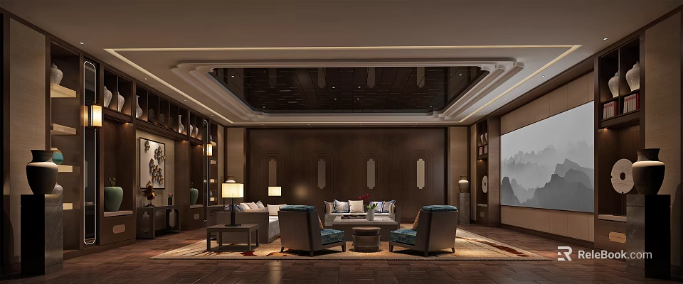 Modern Home Theater Room Interior With Comfortable Sofas Projector Screen And Wooden Decor 3d model 