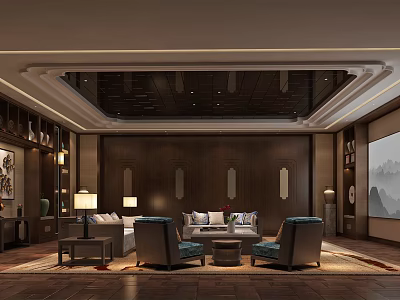 Modern Home Theater Room Interior With Comfortable Sofas Projector Screen And Wooden Decor 3d model