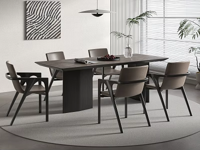 Modern Minimalist Dining Table With Matching Chairs Decorative Painting And Potted Plant 3d model