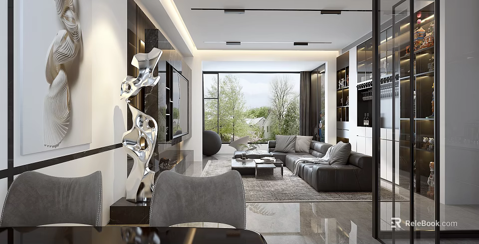 Modern Elegant Living Dining Room Interior With Decorative Sculpture Floor to Ceiling Windows and Sofa 3d model 