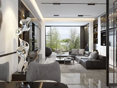 Modern Elegant Living Dining Room Interior With Decorative Sculpture Floor to Ceiling Windows and Sofa 3d model