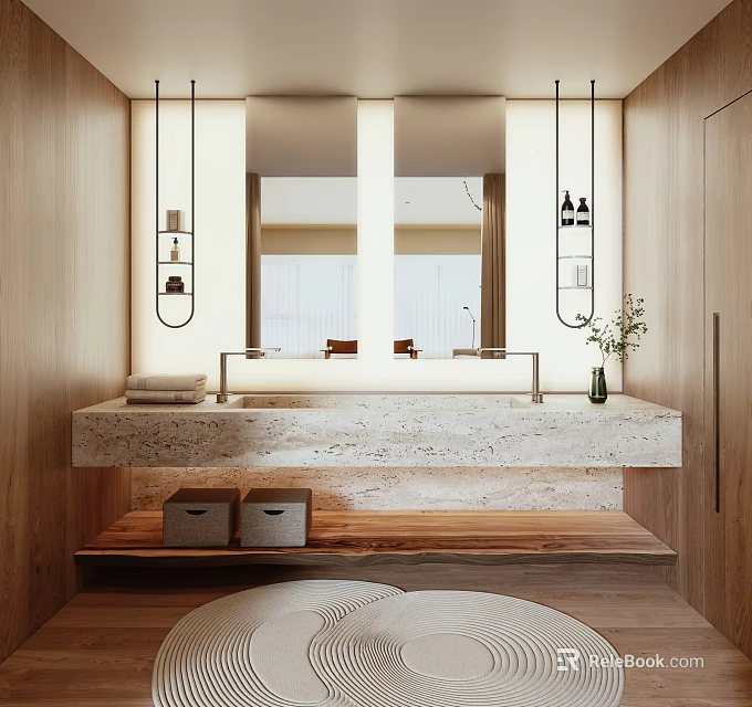 Wooden Bathroom Interior With Double Mirrors Marble Countertop Wooden Steps Storage Boxes And Hanging Plants 3d model 