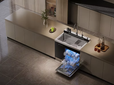 Modern Kitchen Interior With Open Dishwasher Holding Clean Dishes Island Countertop And Cabinets 3d model