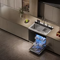Modern Kitchen Interior With Open Dishwasher Holding Clean Dishes Island Countertop And Cabinets