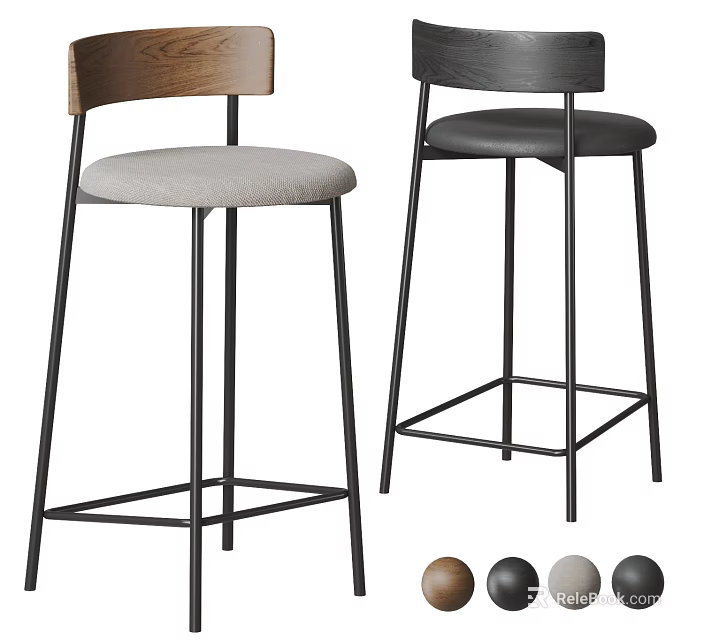 Modern Bar Stools With Fabric Seat Wooden Back And Metal Frame Color Options 3d model 