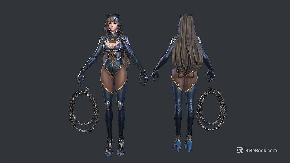 Woman with cat ears long hair in tight blue gold outfit whip front back views 3d model 