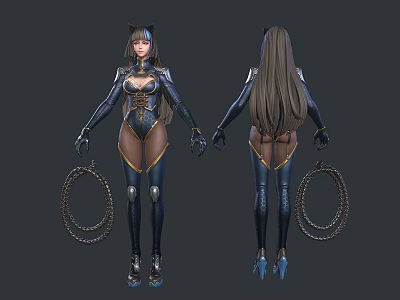 Woman with cat ears long hair in tight blue gold outfit whip front back views 3d model