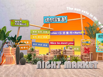Floral Display Decorations For Night Market With Wooden Structures And Colorful Signs 3d model