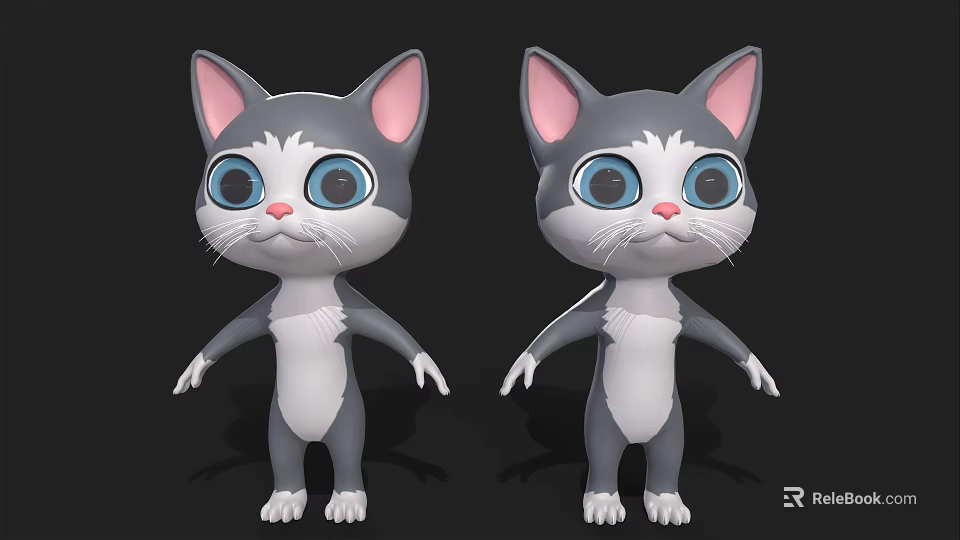 3D Cartoon Cat Character With Gray White Fur Pink Ears And Blue Eyes 3d model 
