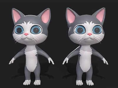 3D Cartoon Cat Character With Gray White Fur Pink Ears And Blue Eyes 3d model