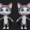 3D Cartoon Cat Character With Gray White Fur Pink Ears And Blue Eyes