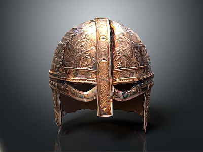 Ancient Warrior Helmet with Intricate Dragon Creature Carvings and Metallic Ornate Design 3d model