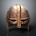 Ancient Warrior Helmet with Intricate Dragon Creature Carvings and Metallic Ornate Design