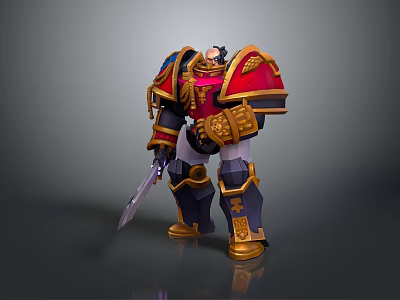 Detailed Fantasy Warrior Character in Red and Gold Ornate Armor with Intricate Design Holding Sword 3d model