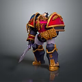 Detailed Fantasy Warrior Character in Red and Gold Ornate Armor with Intricate Design Holding Sword
