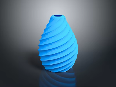 Green Leafy Plant in Blue Spiral Vase on Dark Reflective Surface 3d model