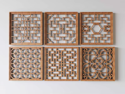 Middle-ancient style carved hollow window solid wood window lattice window landscape wall lattice window openwork window 3d model