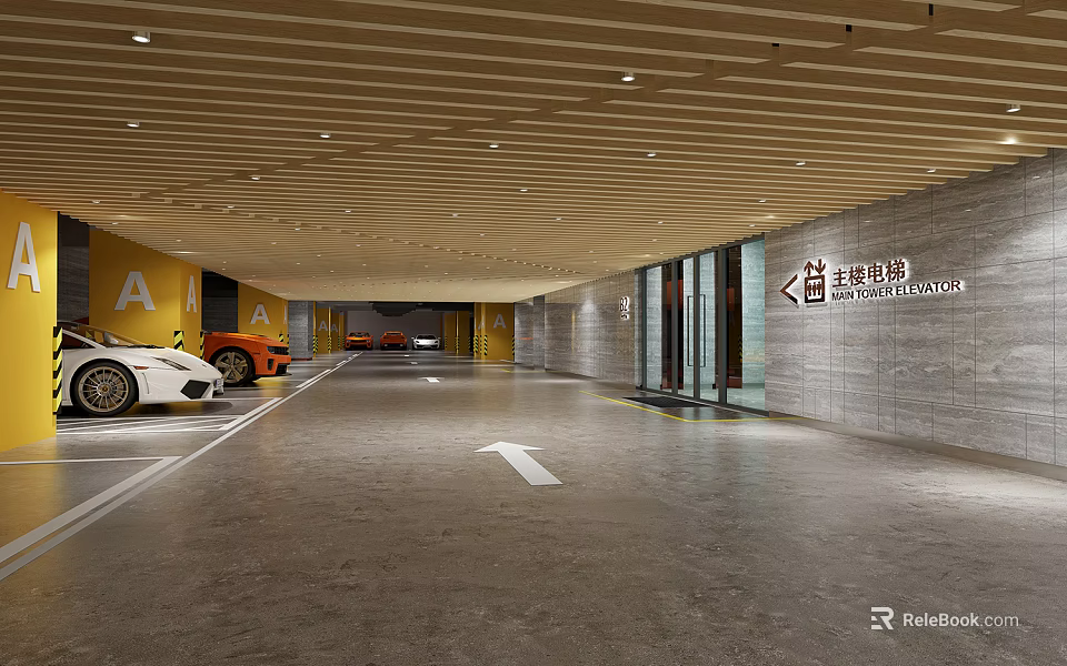 Modern Parking Garage Entrance With Luxury Cars Signage Lighting And Floor Arrows 3d model 