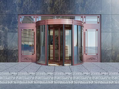 Elegant Revolving Door Entrance With Glass Panels Metal Frame And Marble Wall Steps 3d model