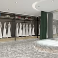 Modern Bridal Shop Interior With Hanging Wedding Dresses Displayed Gown And Decorative Wall