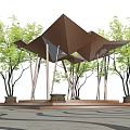 Modern Geometric Pergola With Wooden Columns Trees And Platform Base 3d model