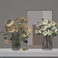 Transparent Glass Vases With Yellow Chrysanthemums And White Roses On Shelf With Geometric Mirror