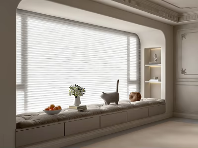 White Blinds In Modern Light Toned Room With Window Seat And Decorative Items 3d model