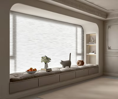 White Blinds In Modern Light Toned Room With Window Seat And Decorative Items 3d model