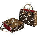 Stylish Monogram Print Designer Handbags With Leather Handles Brown And Beige Exterior Red Interior Details