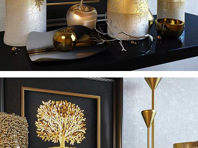 Elegant Gold White Decorative Ornament Set With Tree Art And Metallic Vases 3d model