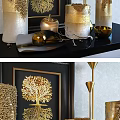 Elegant Gold White Decorative Ornament Set With Tree Art And Metallic Vases
