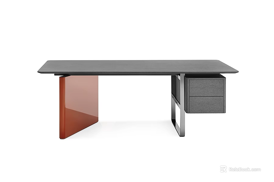 Modern Office Desk With Grey Tabletop Red Legs And Two Functional Drawers 3d model 