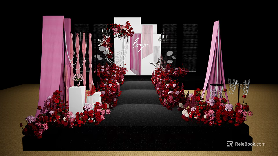 Elegant Banquet Hall Walkway Decor with Red Pink Flowers and Love Signage 3d model 
